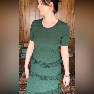Vintage Rayon Black & Green Ruffle Dress - Short Sleeve